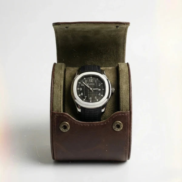 VEY 013 black sport quartz watch in leather travel roll — product with gift packaging