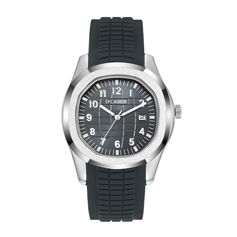 VEY 013 men's sport watch black dial — charcoal rubber strap, silver case, front view