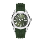 VEY 013 men's sport quartz watch — green dial, green rubber strap, silver case, front view