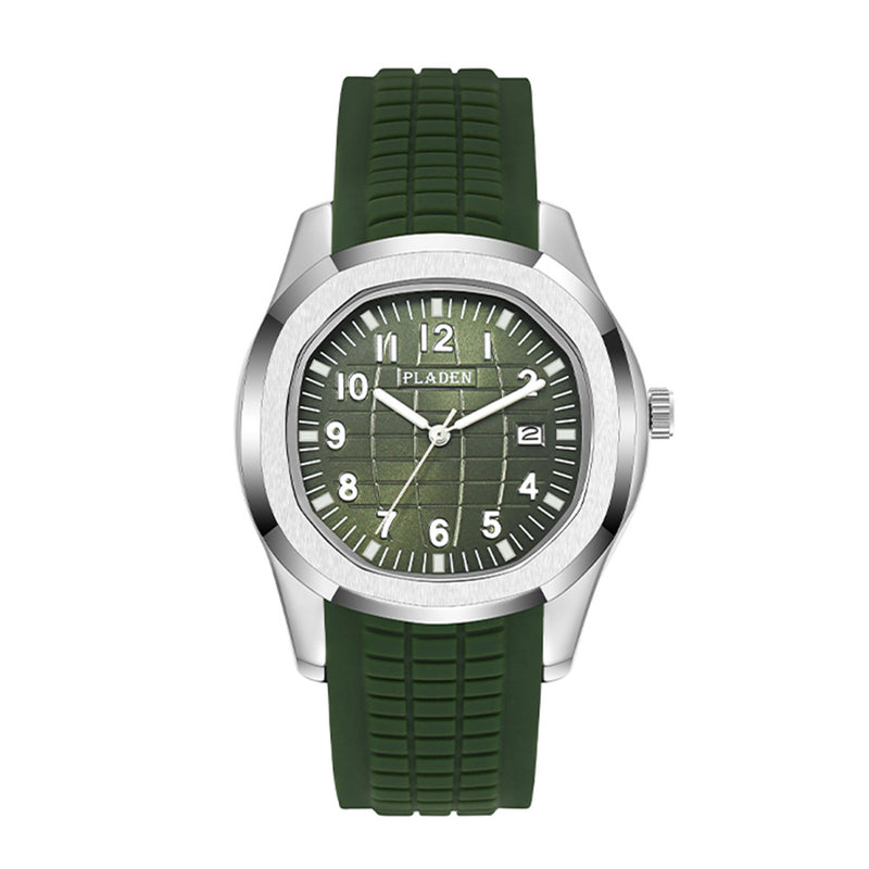 VEY 013 men's sport quartz watch — green dial, green rubber strap, silver case, front view