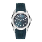 VEY 013 men's sport watch blue dial — teal rubber strap, silver steel case, front view