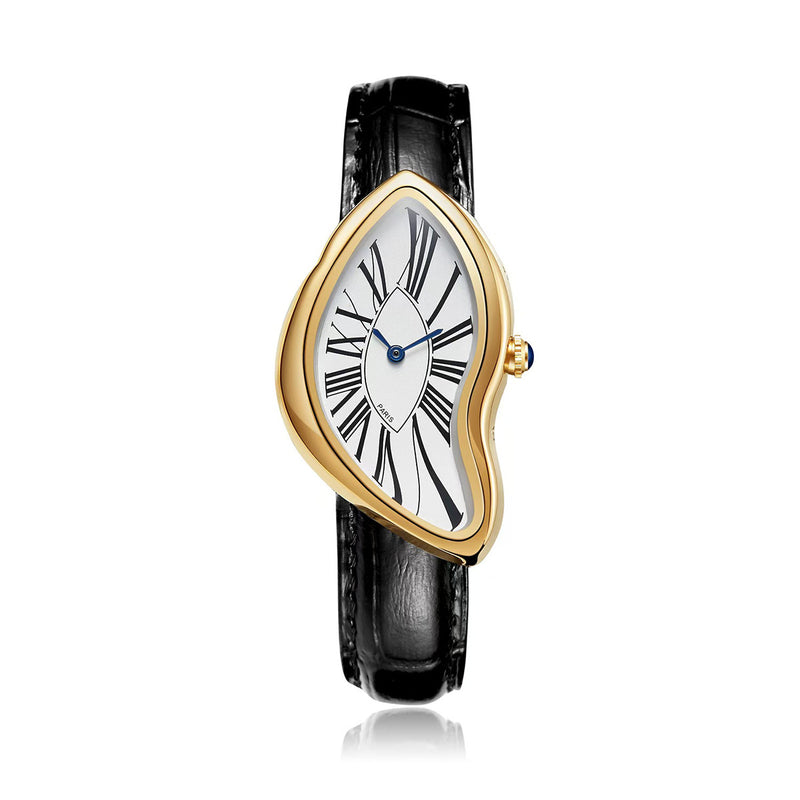 VEY 012 Doré — gold-tone asymmetric crash case watch, black leather strap