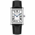 VEY 002 — men's rectangular dress watch, white dial, black leather strap