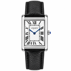 VEY 002 — men's rectangular dress watch, white dial, black leather strap