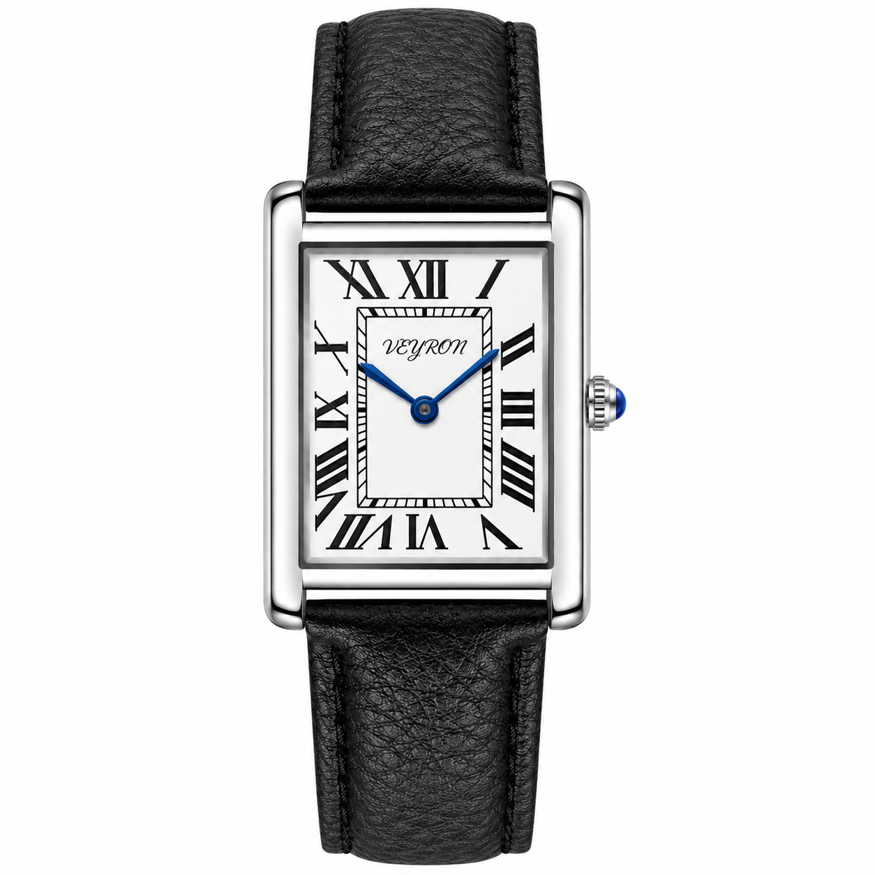 VEY 002 — men's rectangular dress watch, white dial, black leather strap