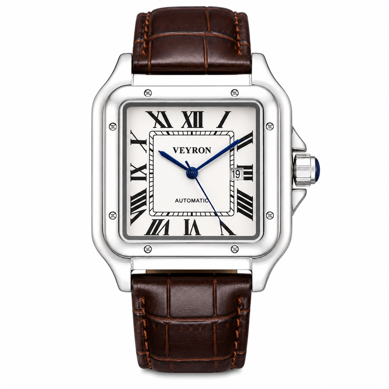Veyron Godfrey square case watch with leather strap