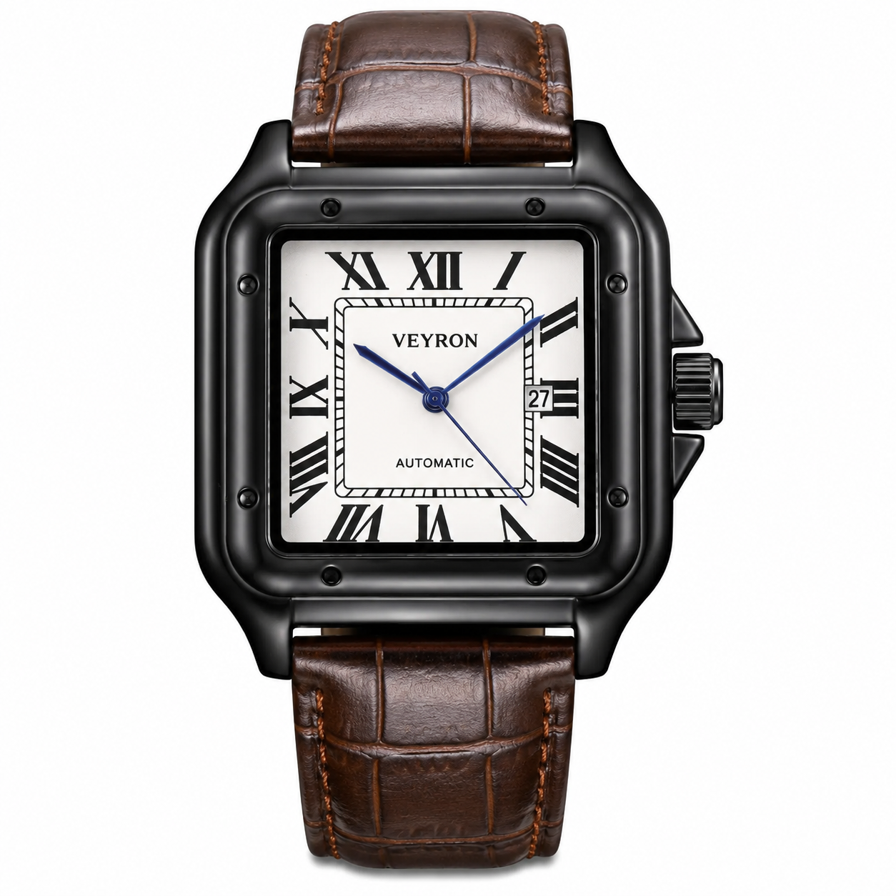 Veyron Godfrey square case watch with leather strap