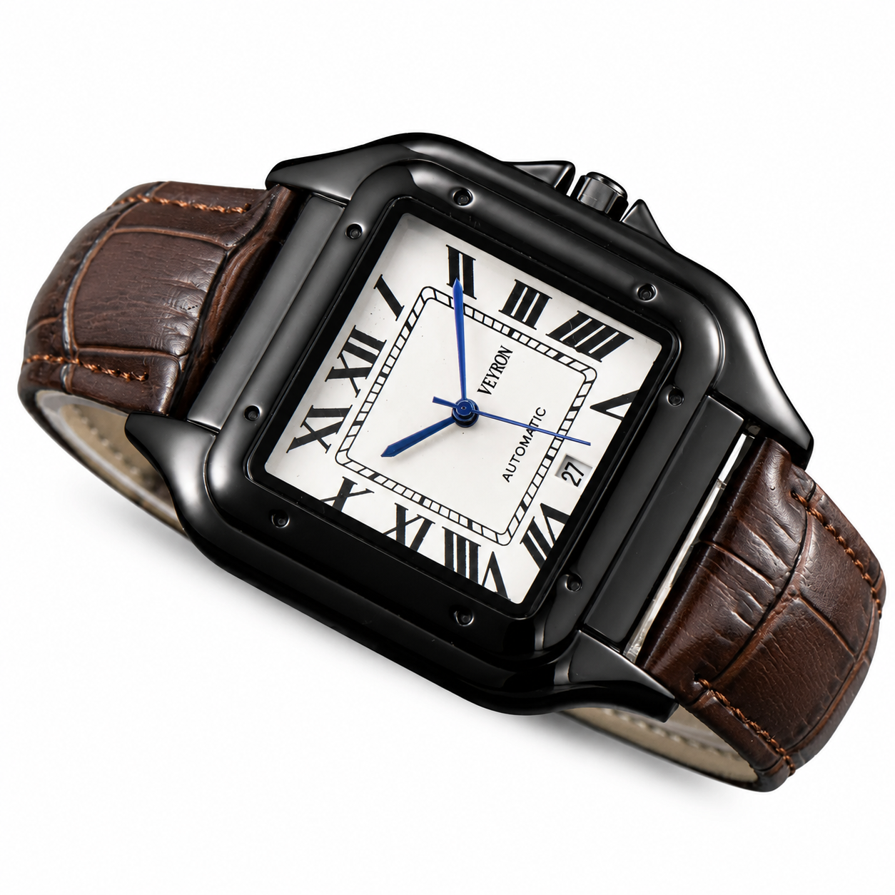 Veyron Godfrey square case watch with leather strap