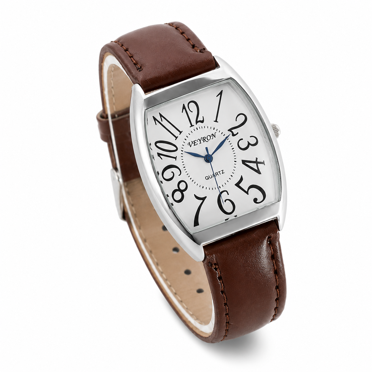 VEY 001 — tonneau case watch, Arabic numerals, Havana leather