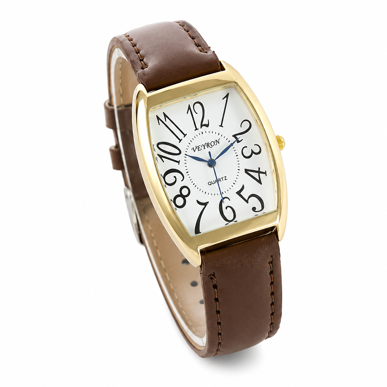 VEY 001 — tonneau case watch, steel case, leather strap