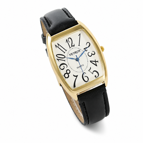 VEY 001 — men's tonneau quartz watch, leather strap, Noir dial