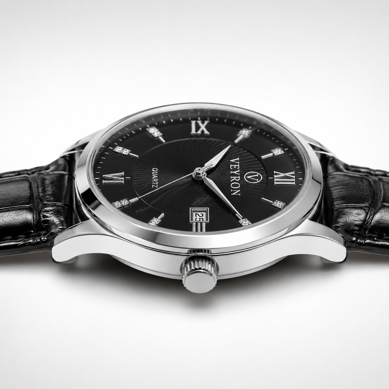 Veyron Alaric stainless steel bracelet watch – crown and case detail
