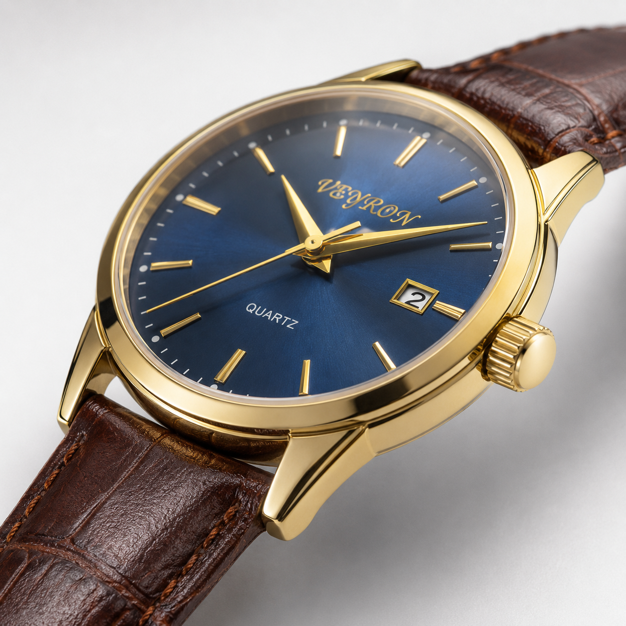 Veyron Aldric gold case watch – crown and bezel detail