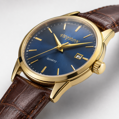 Veyron Aldric gold case watch – crown and bezel detail