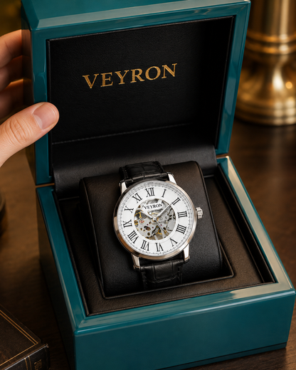 Veyron Aurelian open-heart skeleton watch – three-quarter angle