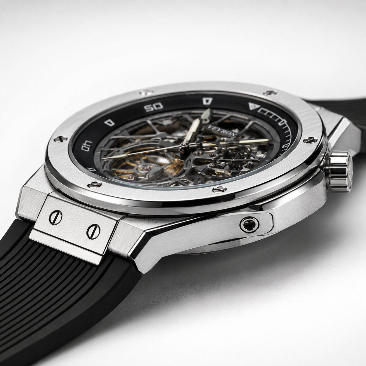 Veyron Brennus rubber strap watch – crown and case detail