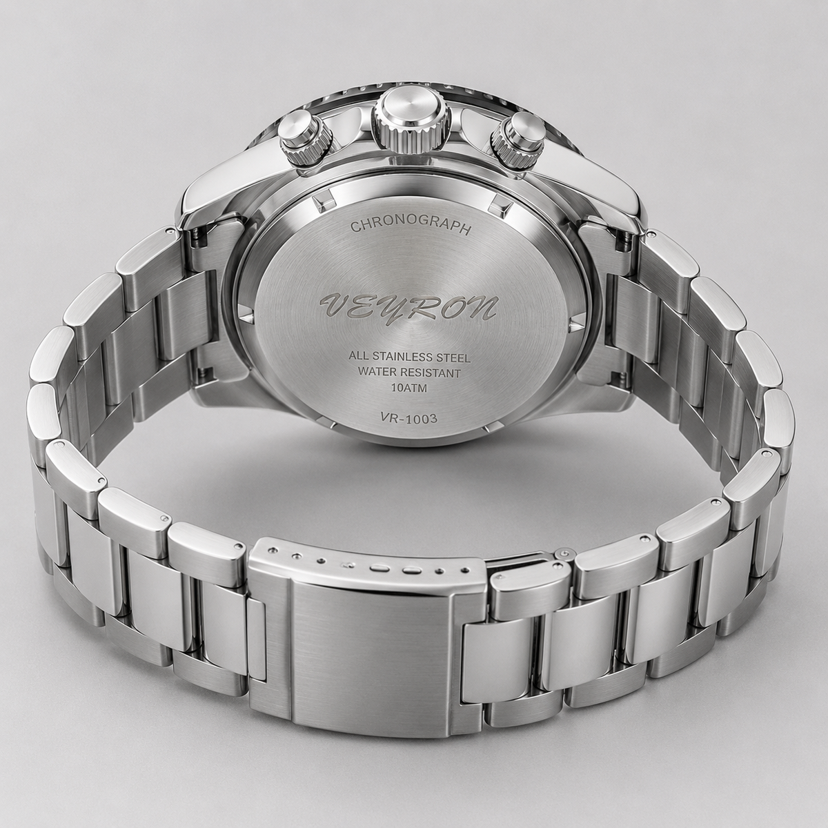 VEY 004 — leather strap detail, men's chronograph