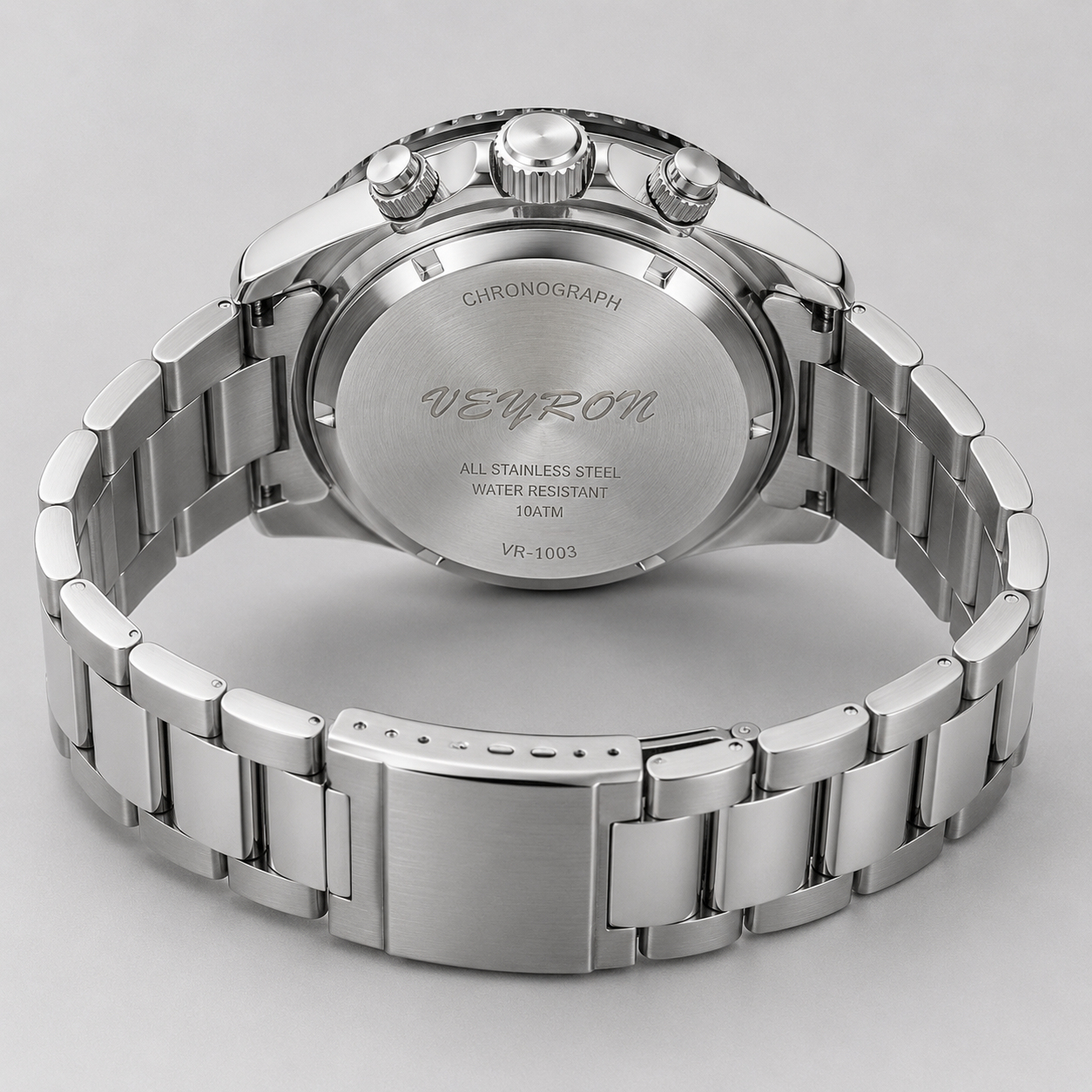 VEY 004 — leather strap detail, men's chronograph