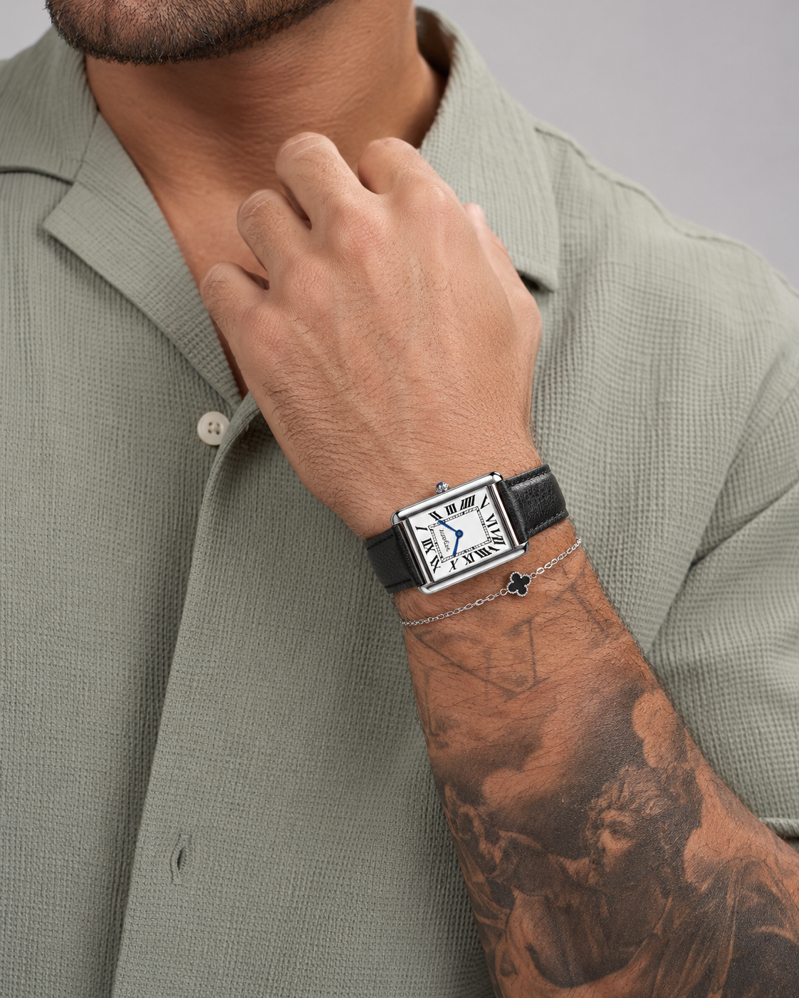 VEY 002 — side profile, rectangular case on leather