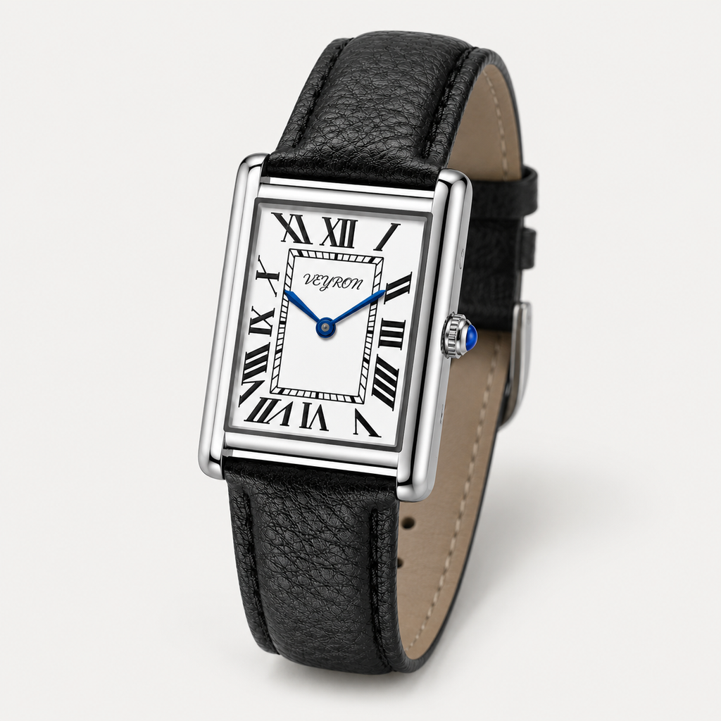 VEY 002 — front view, polished rectangular steel case