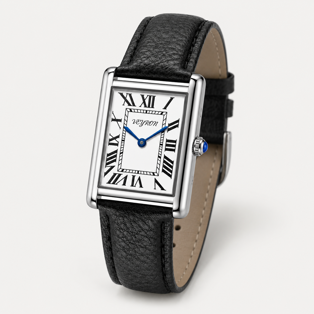 VEY 002 — front view, polished rectangular steel case