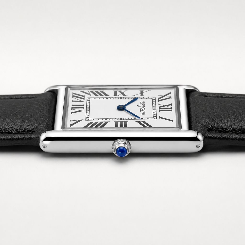 VEY 002 — crown detail, polished steel case