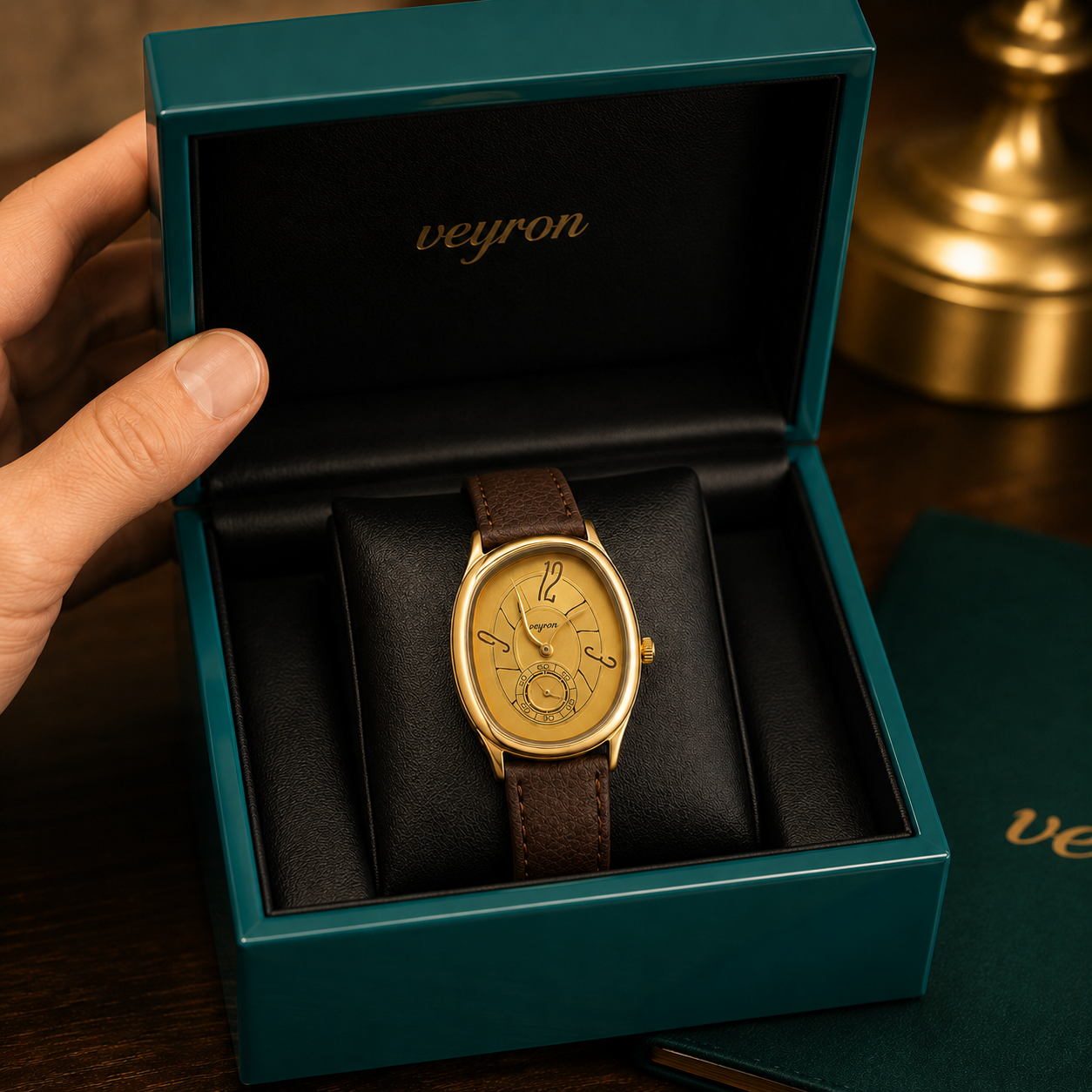 VEY 007 — angle view, cushion case on leather
