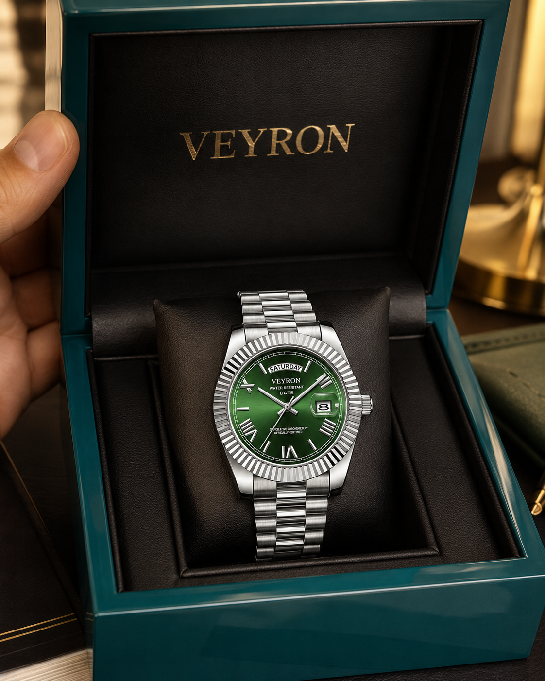 VEY 005 — three-quarter angle, president-style bracelet