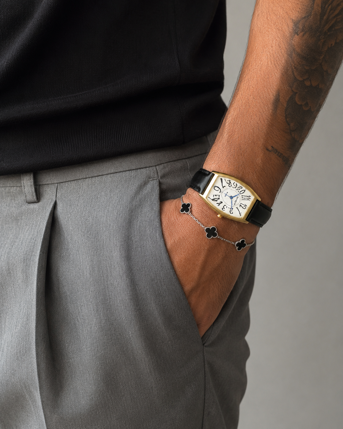 VEY 001 — dial detail, Arabic numerals, quartz movement