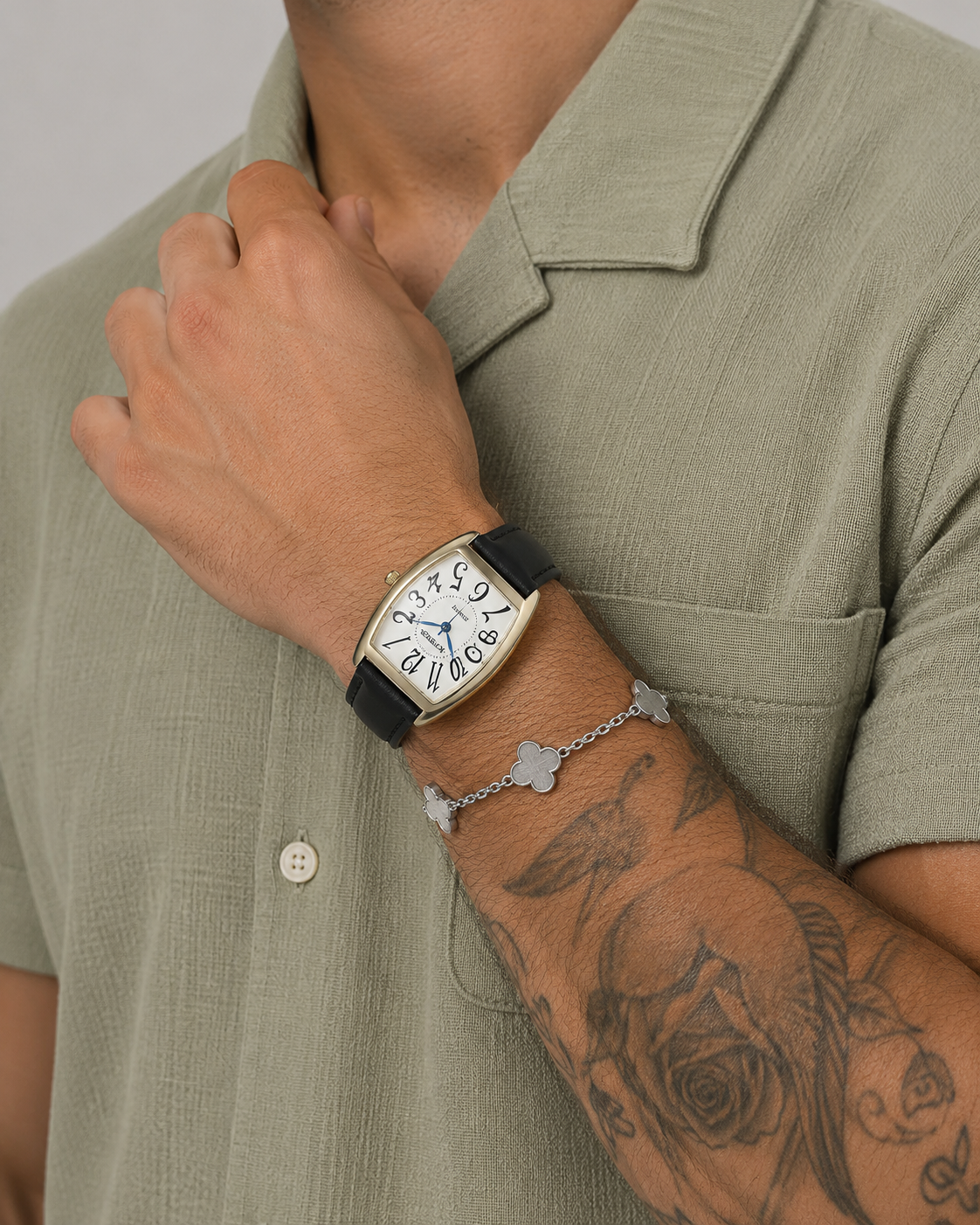 VEY 001 — side profile, slim leather strap watch
