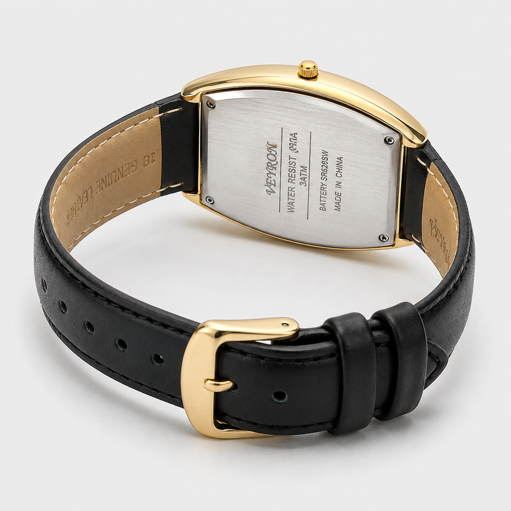 VEY 001 — leather strap detail, men's tonneau watch